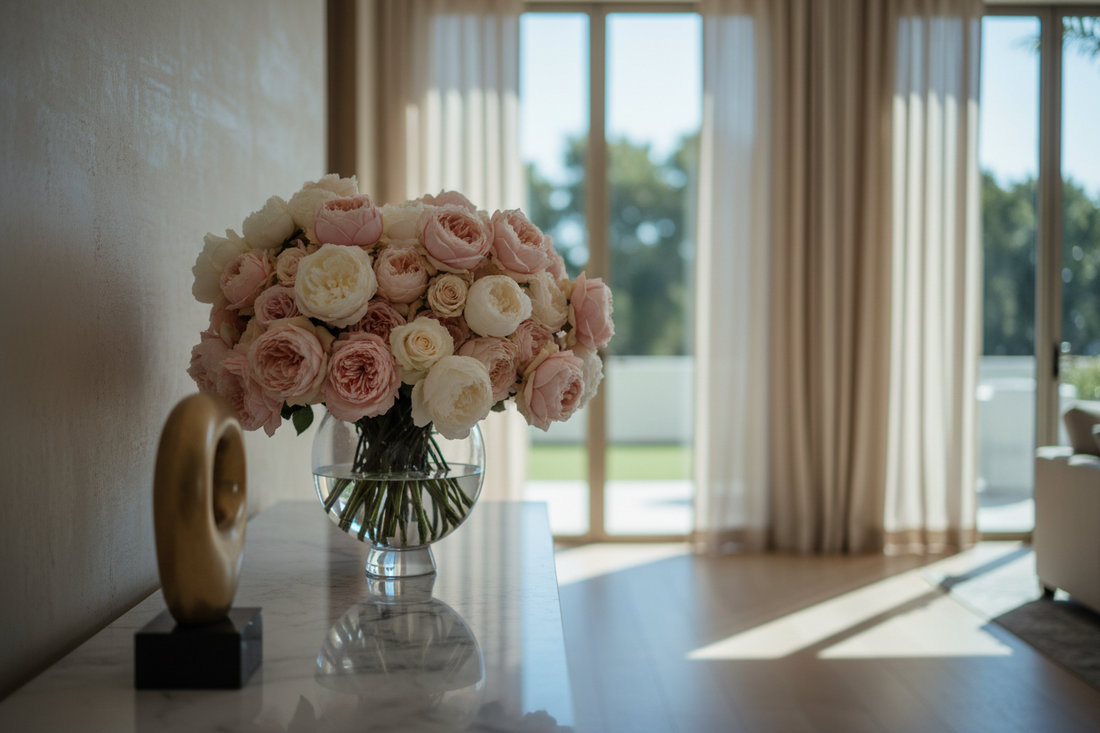 Pink Clover Entryway Flower Subscription: Lush pink & white garden roses in a classic arrangement, Los Angeles.