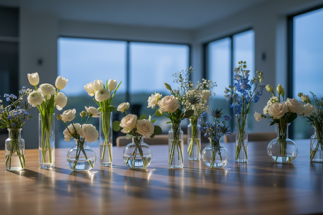 Pink Clover Mini Vases Subscription: fresh white, cream, blue flowers in small arrangements Los Angeles.