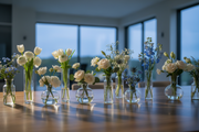Pink Clover Mini Vases Subscription: fresh white, cream, blue flowers in small arrangements Los Angeles.