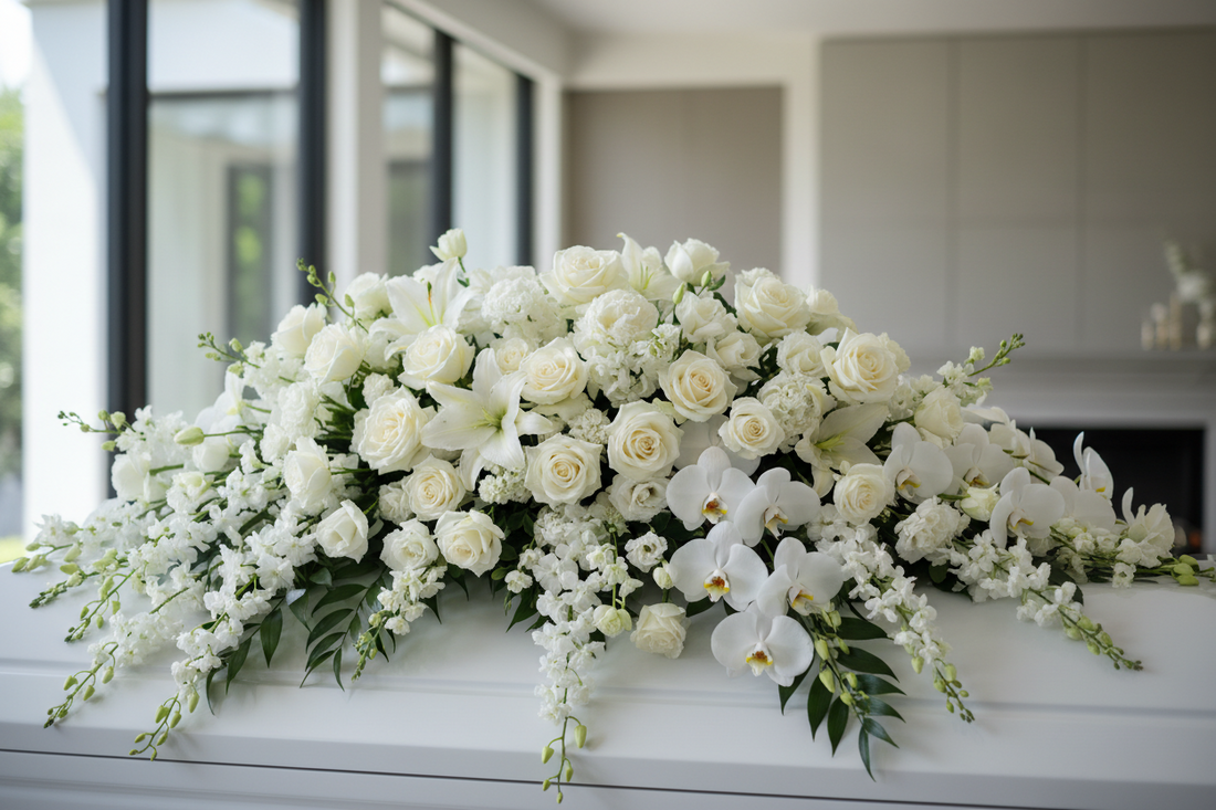 Peaceful White Casket Cover - white funeral spray delivery in Los Angeles by Pink Clover