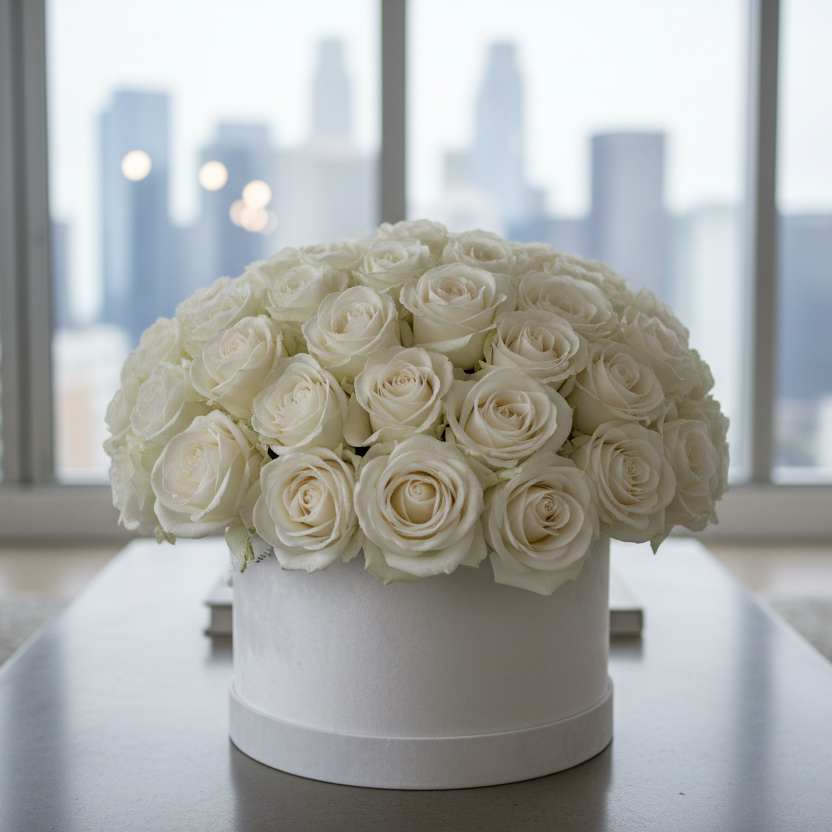 a-cinematic-realistic-close-up-shot-of-an-oversized-white-roses-arrangement-in-a-minimalistic-velvet-round-box-on-a-coffee-table-inside-a-dtla-apartment-floor-to-ceiling-windows-neutr.png