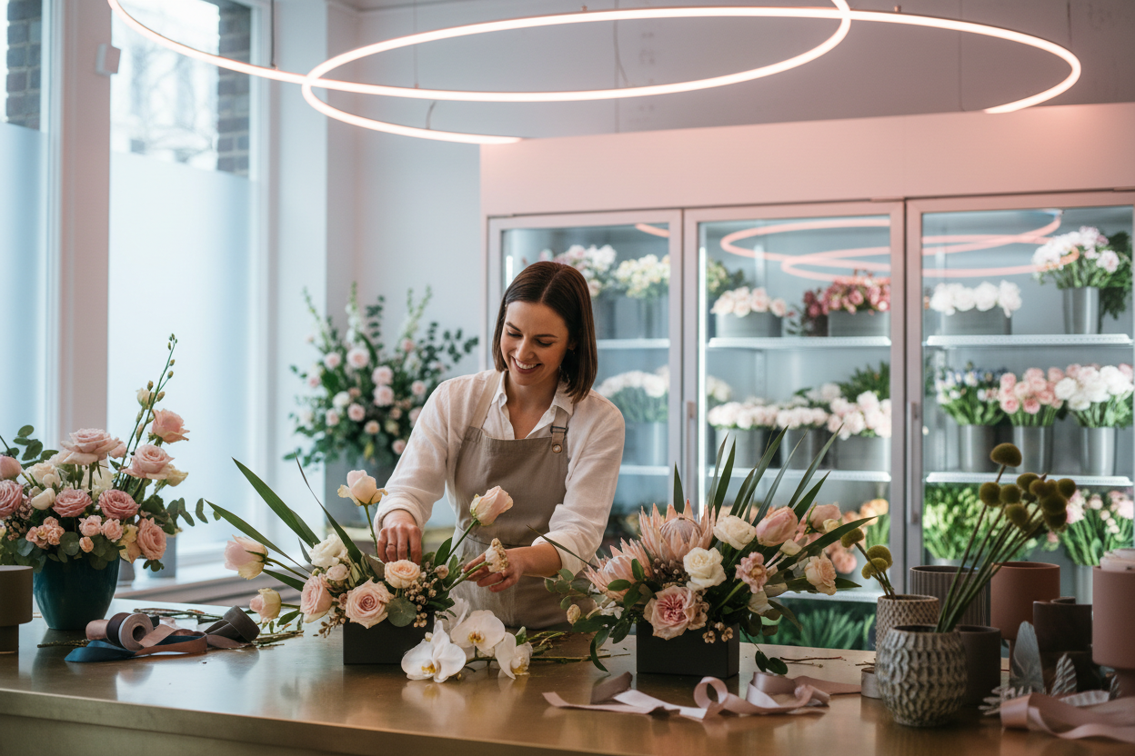 a-cinematic-realistic-photo-of-a-happy-florist-preparing-premium-modern-flower-arrangements-blurred-minimalistic-floral-coolers-on-the-background-soft-pink-neon-lights-by-the-ceiling.png