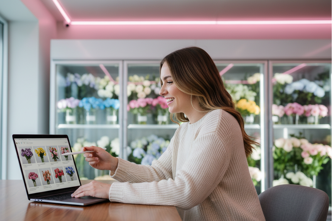a-cinematic-realistic-photo-of-a-happy-young-woman-reviewing-flower-orders-on-a-laptop-blurred-minimalistic-floral-coolers-on-the-background-soft-pink-neon-lights-by-the-ceiling-soft.png
