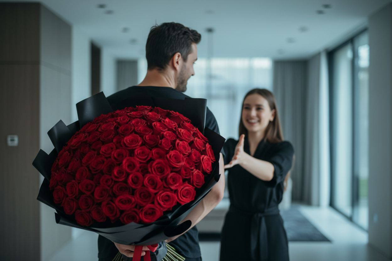a-cinematic-realistic-photo-of-a-man-holding-a-large-red-roses-bouquet-in-a-black-wrapping-behind-his-back-before-handing-it-to-a-happy-young-woman-minimal-luxury-villa-setting-blurre.png