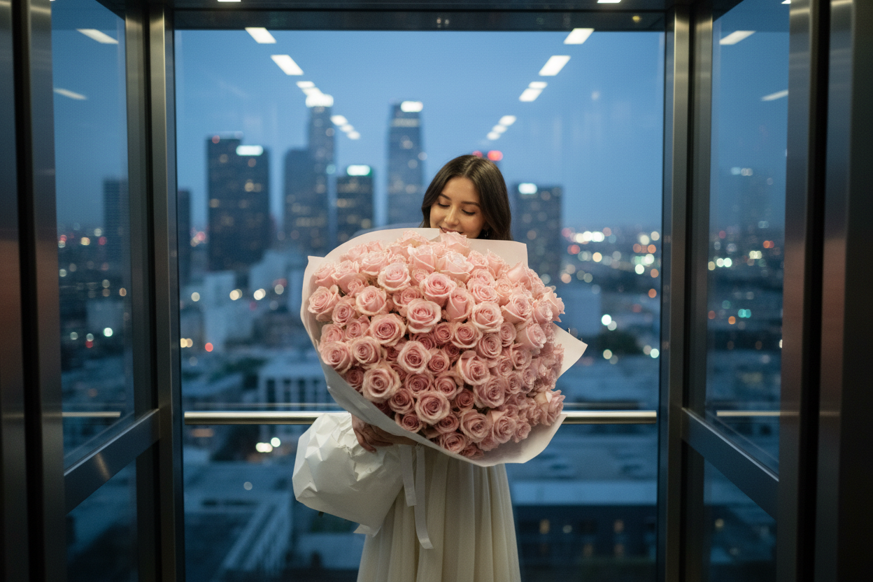 a-cinematic-realistic-photo-of-a-young-woman-holding-an-oversized-pink-roses-bouquet-in-minimalistic-white-wrapping-with-no-ribbon-inside-a-modern-glass-elevator-in-a-dtla-building-ci.png