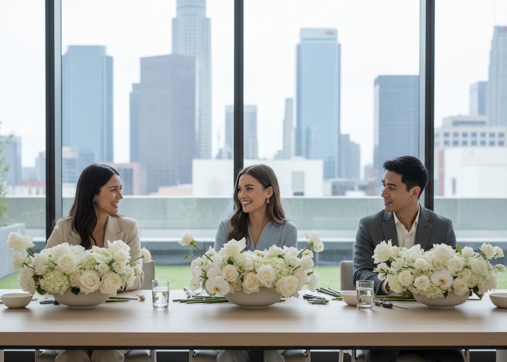 a-cinematic-realistic-photo-of-three-young-colleagues-creating-white-floral-centerpieces-sitting-by-the-desk-and-talking-blurred-modern-dtla-office-background-minimal-elegant-setting.png