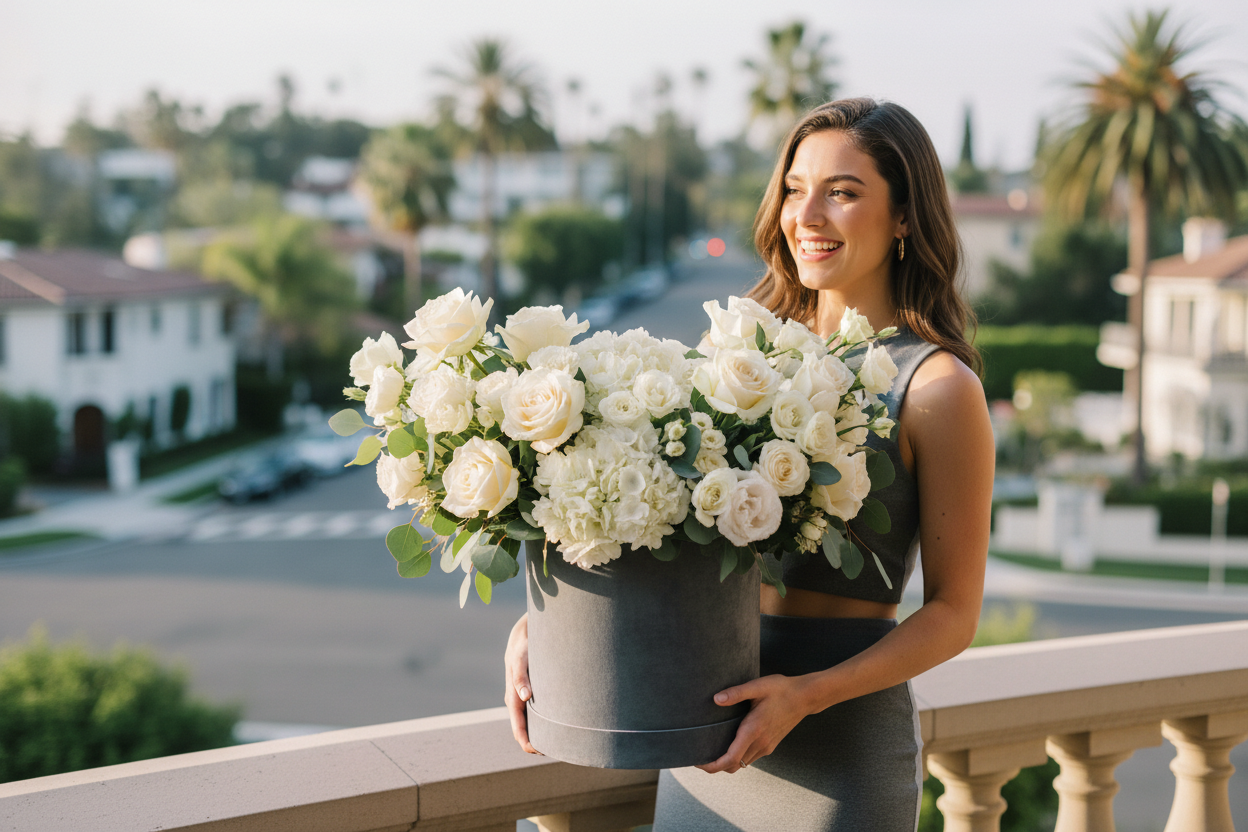 a-cinematic-realistic-picture-of-a-young-happy-woman-holding-a-large-flower-arrangement-in-a-luxury-minimal-gray-round-velvet-box-with-no-text-no-ribbons-blurred-beverly-hills-residen.png