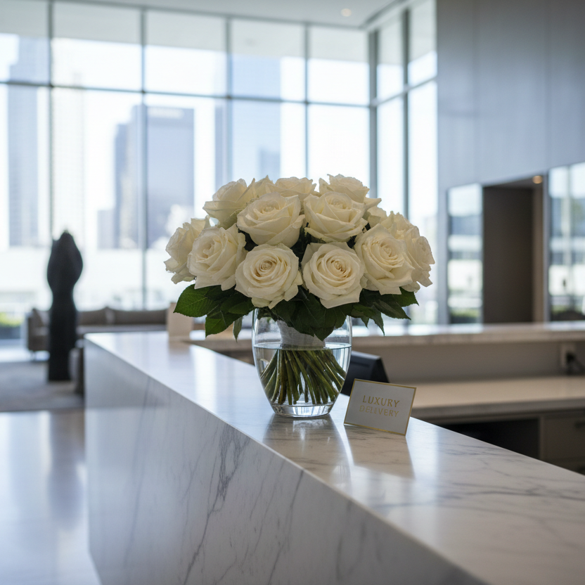 Pink Clover's lush white rose bouquet in glass vase, elegant reception flowers subscription Los Angeles.