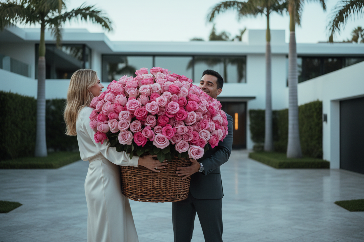 a-cinematic-realistic-shot-of-a-woman-receiving-a-large-pink-roses-arrangement-in-basket-from-a-courier-in-an-upscale-beverly-hills-driveway-modern-villa-exterior-palm-trees-softly-bl.png