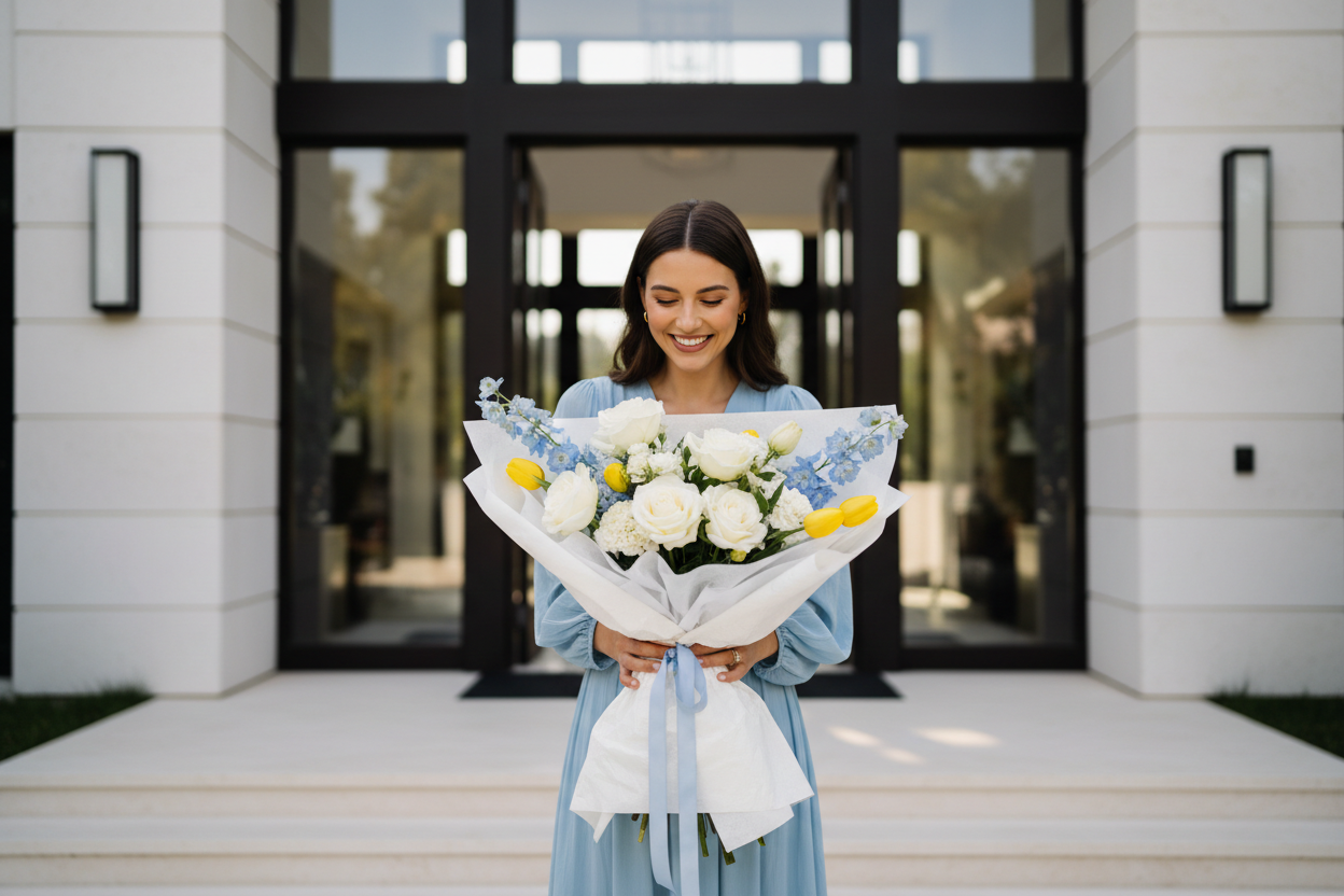 a-cinematic-realistic-wide-angle-shot-of-a-young-woman-receiving-a-luxury-passover-flower-bouquet-at-a-doorstep-of-her-modern-beverly-hills-villa-minimal-wrapping-white-blue-and-soft.png