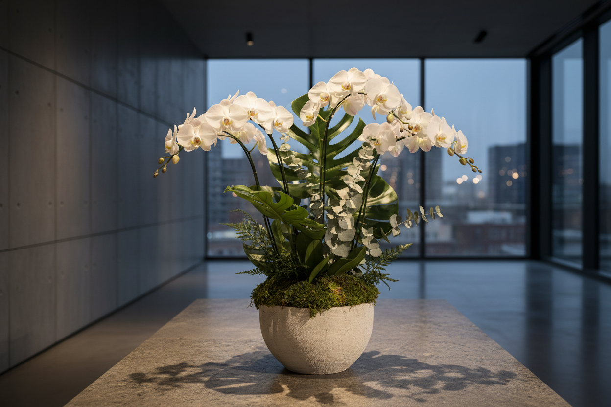 a-realistic-cinematic-close-up-photo-of-a-plant-mix-with-luxury-orchid-stems-in-a-minimal-ceramic-pot-with-moss-topping-centered-on-a-stone-table-blurred-background-is-a-modern-luxury.png