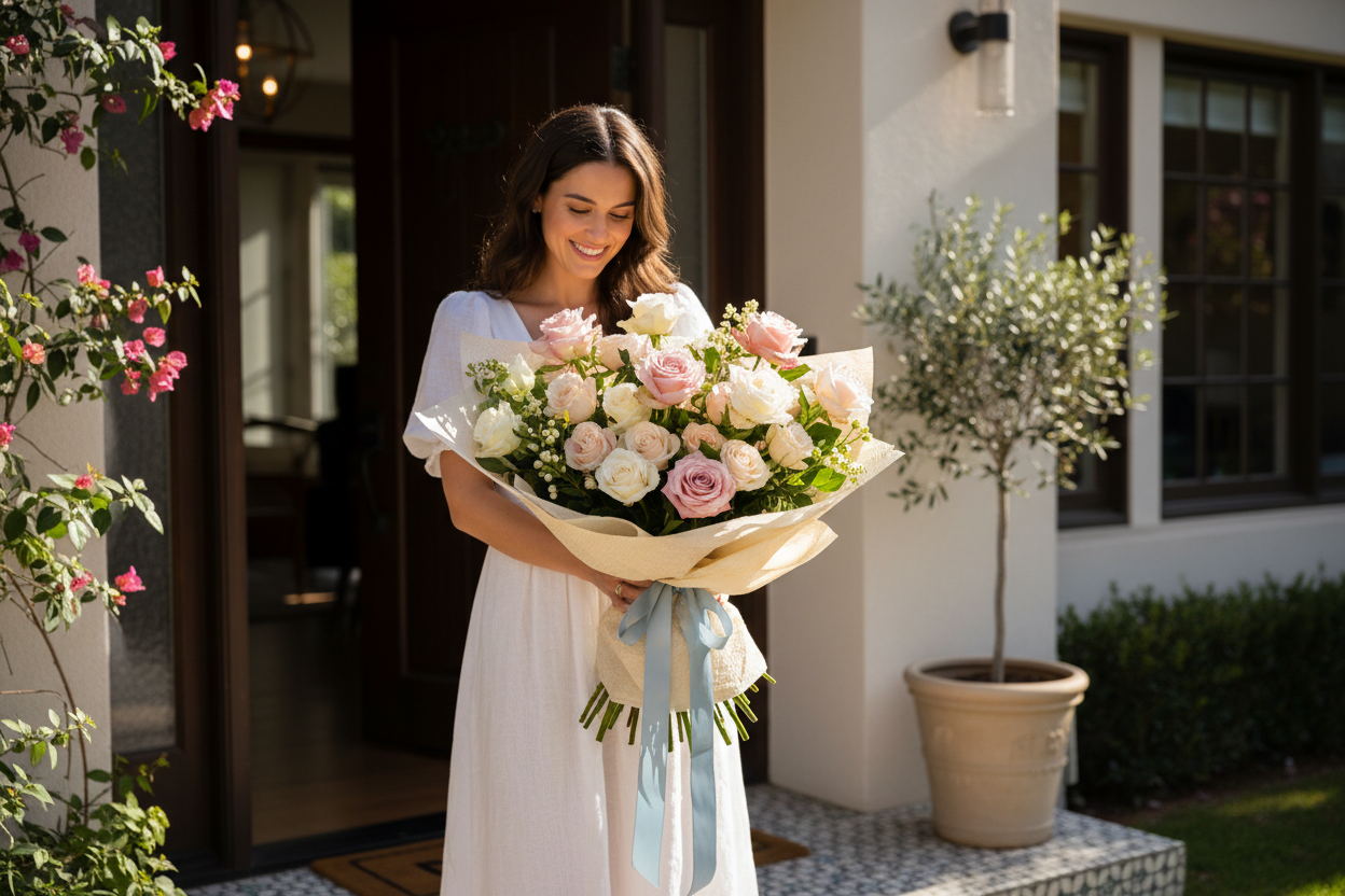 A rose bouquet delivery moment — florist-style rose arrangement being placed at a front door or held by a person receiving flowers.
Warm Los Angeles daylight, lifestyle setting, welcoming mood.
Focus on freshness, presentation, and emotional impact.
Editorial lifestyle photography, realistic, clean composition.