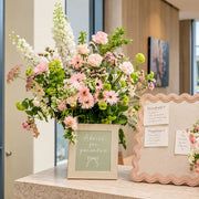 Advice for parents floral sign display with pink gerberas, Los Angeles baby shower florist