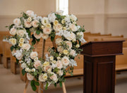 Altar flowers on an easel beside a church pulpit, Los Angeles funeral flower delivery