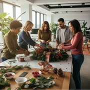 realistic cinematic picture of a team making a christmas wreath floral arrangement on a floral team building workshop in a modern tech office with a marble and wooden modern design and some plants