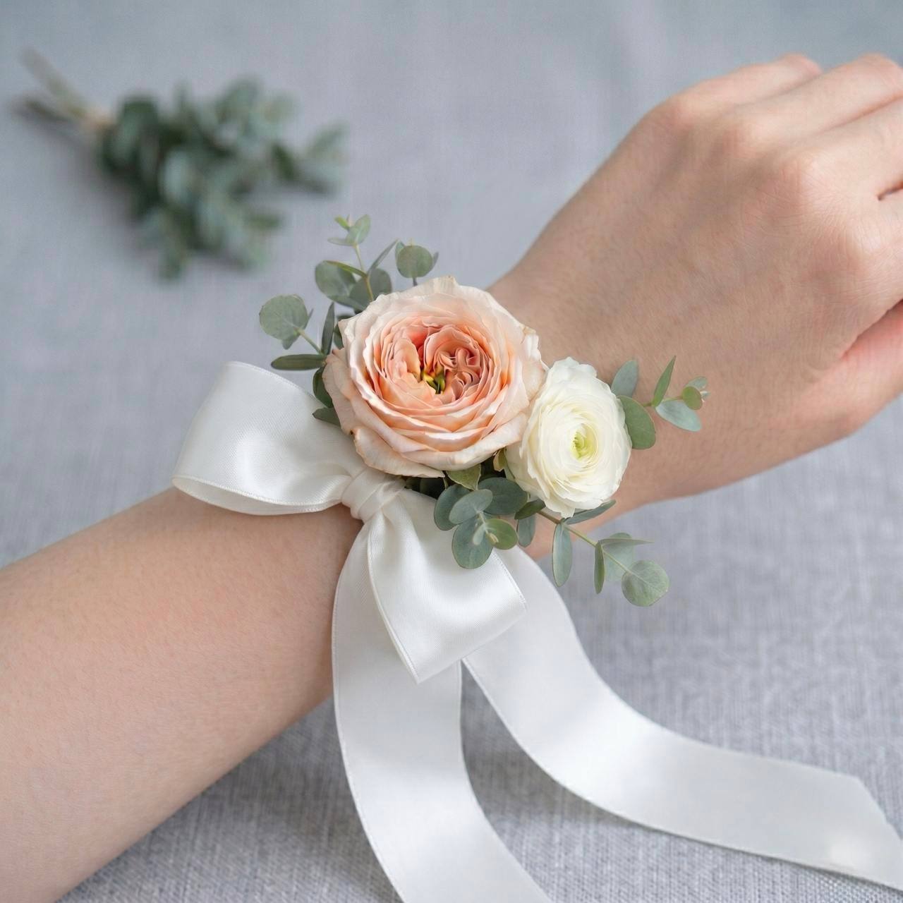 Peach Rose & Ranunculus Wrist Corsage worn on the wrist — Los Angeles wedding florist