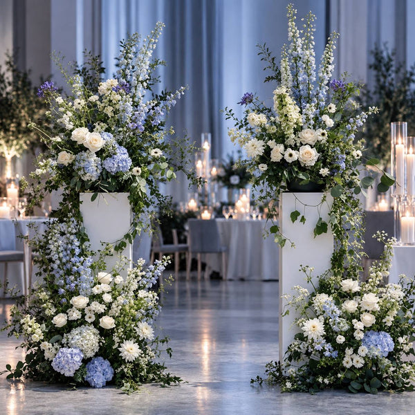 Blue and white pedestal floral set for corporate event, Los Angeles