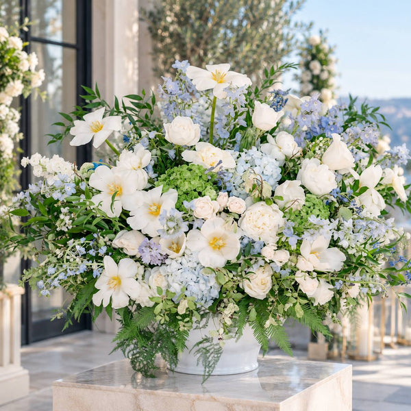 Blue Compote garden centerpiece in white and blue, Los Angeles - Pink Clover