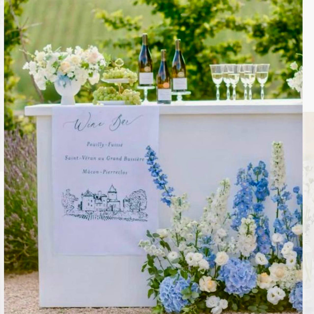 Blue and white hydrangea bar floral installation for coastal Los Angeles weddings