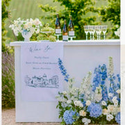 Blue and white hydrangea bar floral installation for coastal Los Angeles weddings