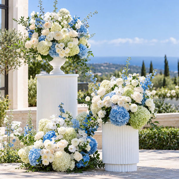 Blue and white pedestal trio installation, Los Angeles - Pink Clover