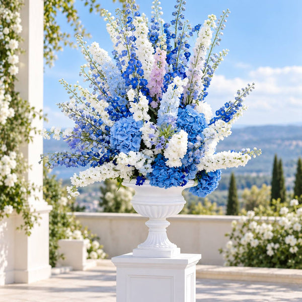 Blue Urn with delphinium and hydrangea, Los Angeles - Pink Clover