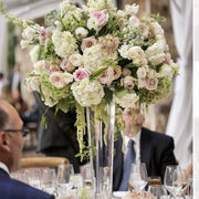 Blush and ivory tall wedding centerpiece with roses and trailing amaranthus in Los Angeles