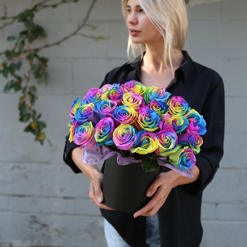 Handcrafted Edna floral gift with uniquely dyed rainbow roses, beautifully presented for a joyful and refined look
