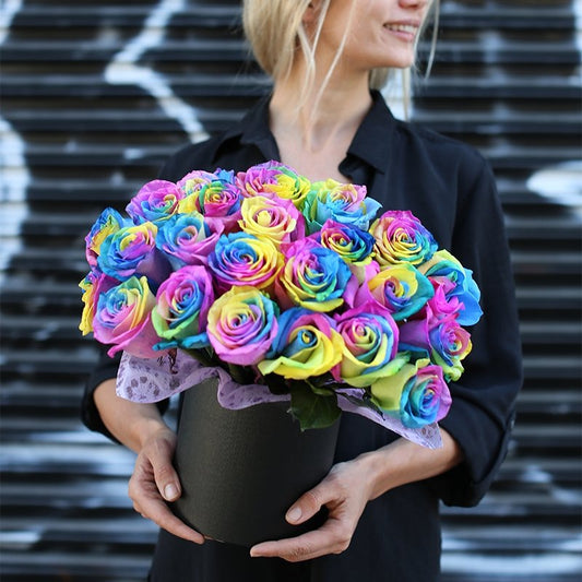 Luxurious rainbow rose bouquet styled in a keepsake box, perfect for celebrations and premium floral delivery in Los Angeles