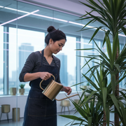 Pink Clover woman waters a tall green office plant with a brass watering can for Office Plants Care Los Angeles.