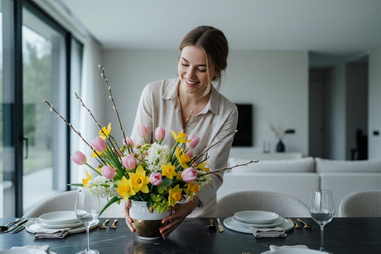 cinematic-realistic-picture-of-a-happy-young-woman-placing-a-luxury-easter-flower-arrangement-with-pink-tulips-daffodils-and-branches-on-a-dark-stone-table-set-for-family-dinner-blurr.png