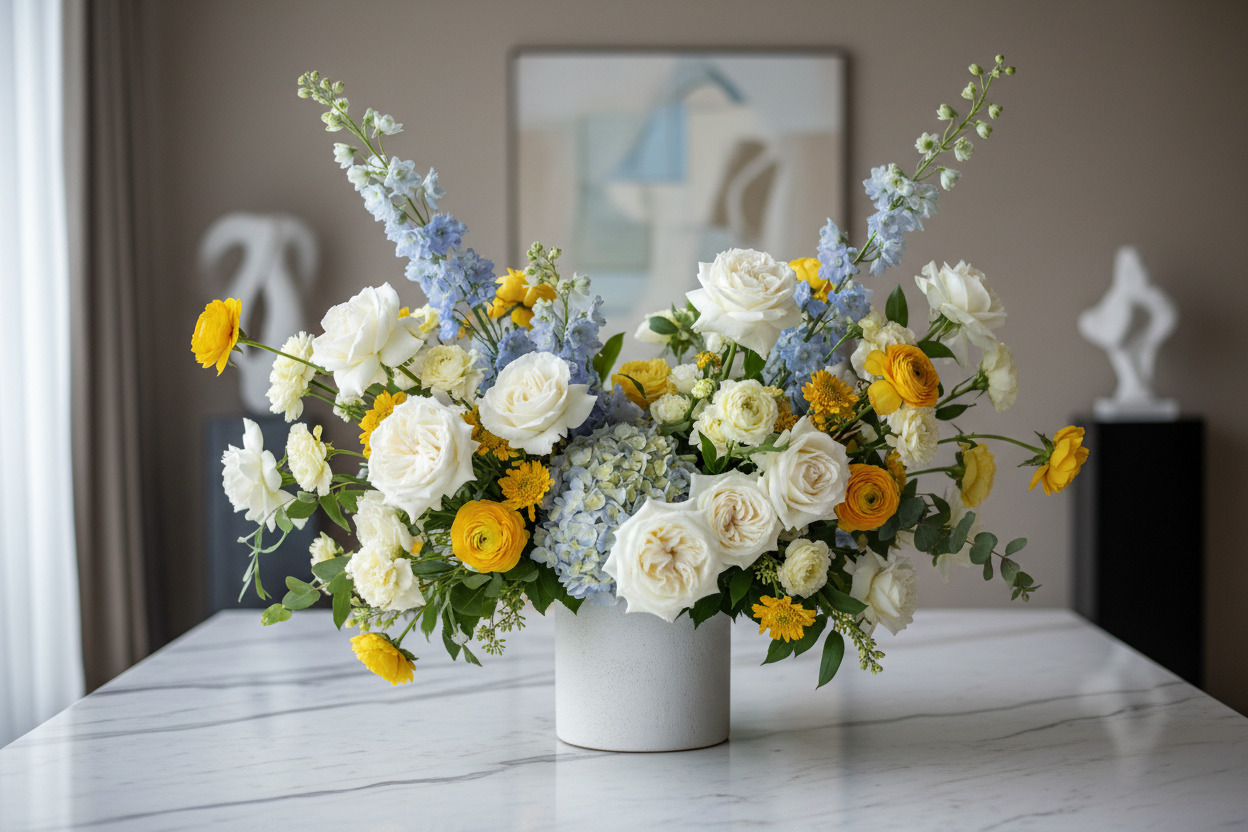 cinematic-realistic-picture-of-a-luxury-oversized-flower-arrangement-with-white-blue-yellow-flowers-centered-in-a-minimalistic-ceramic-vase-on-a-large-marble-table-blurred-minimalisti.png