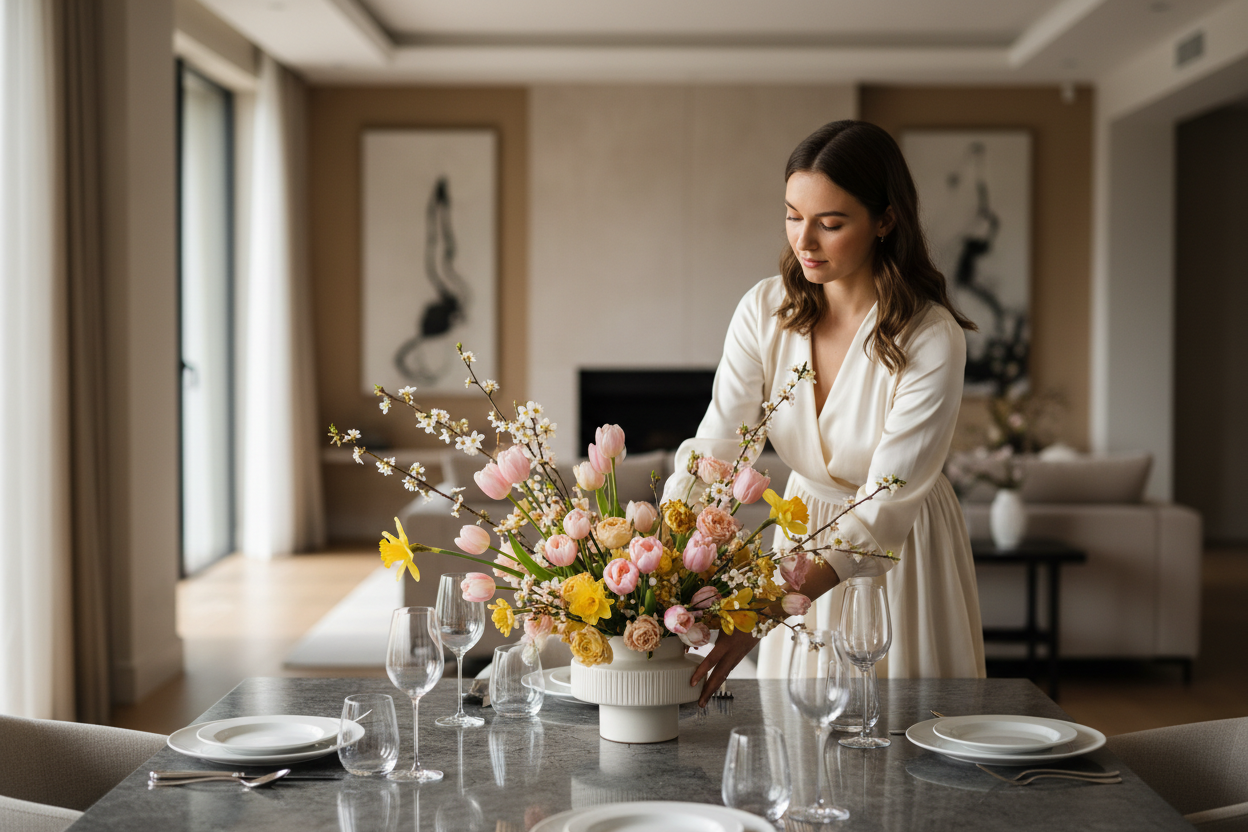 cinematic-realistic-picture-of-a-young-woman-placing-a-luxury-easter-flower-arrangement-with-pink-tulips-daffodils-and-branches-on-a-dark-stone-dining-table-set-for-dinner-blurred-min.png