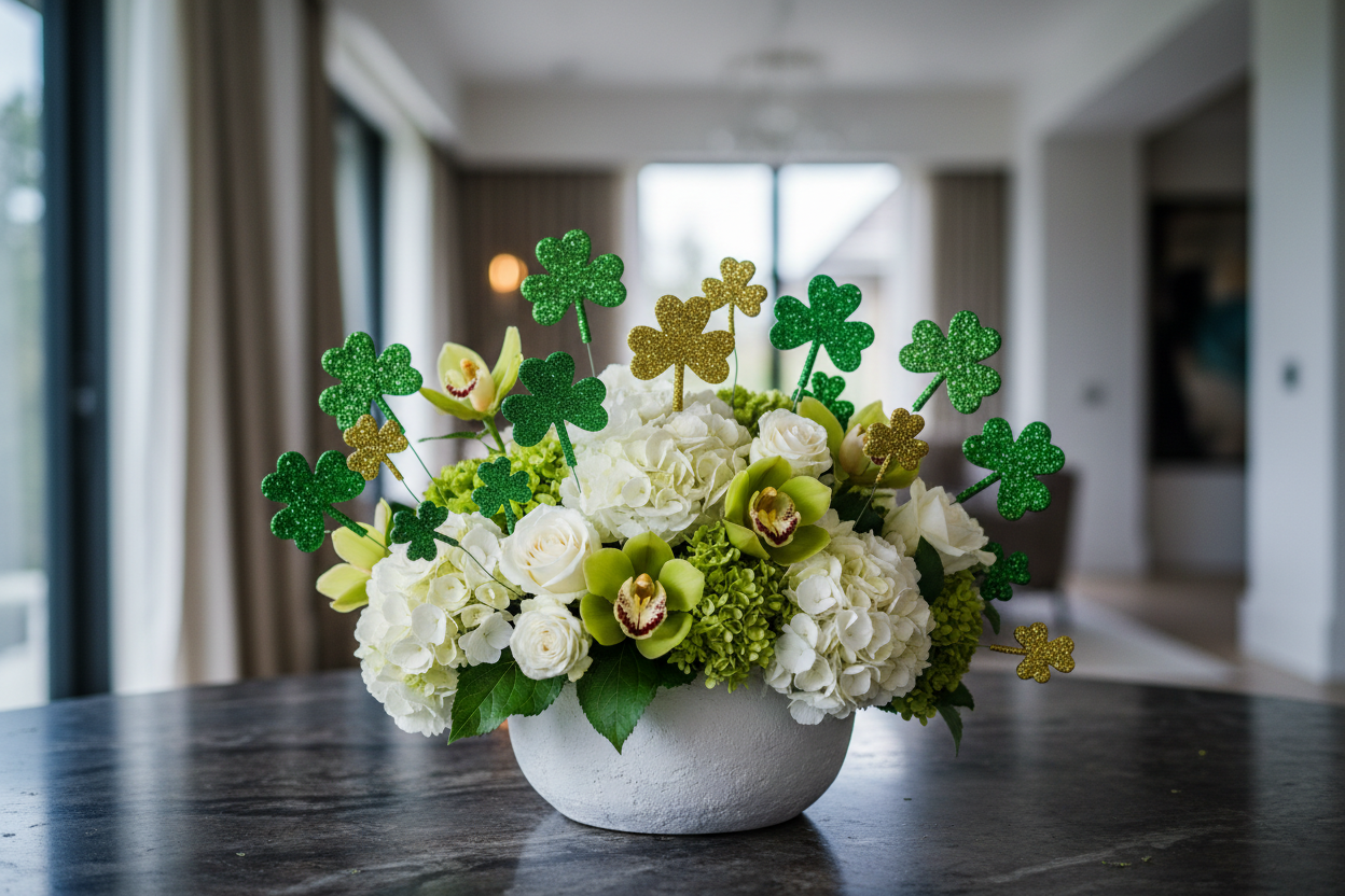 cinematic-realistic-picture-of-st-patrick-day-flower-arrangement-with-glittered-shamrock-decorations-in-a-minimalistic-low-white-ceramic-vase-centered-on-a-dark-stone-table-blurred-mi.png