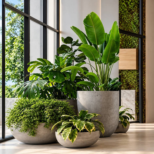 Trio of green plants in concrete planters, Los Angeles office plants