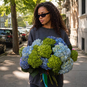 Crystal Lagoon blue and green hydrangea bouquet held on a Los Angeles street — Pink Clover