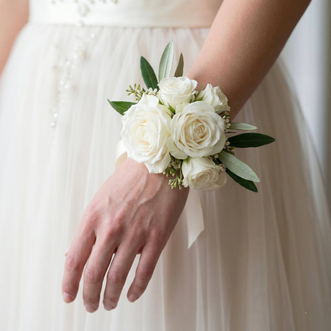 White Rose Wrist Corsage worn on the wrist — Los Angeles wedding florist