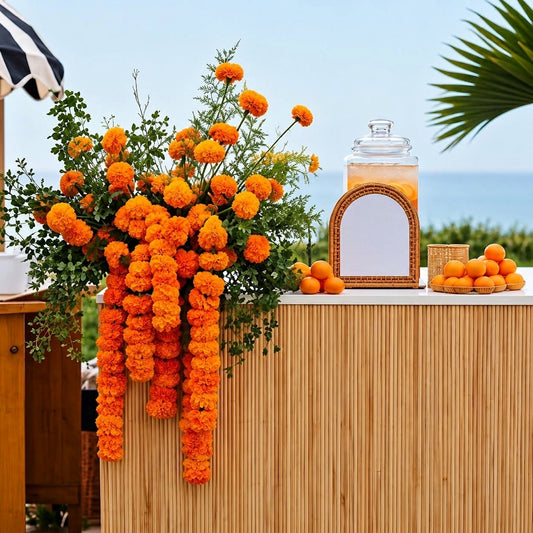 Marigold garland bar decor for Diwali by the ocean, Los Angeles event florist