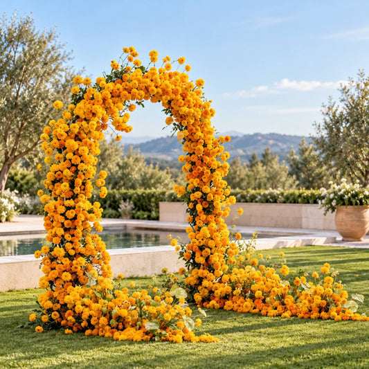Marigold flower arch by the pool, Los Angeles event florist
