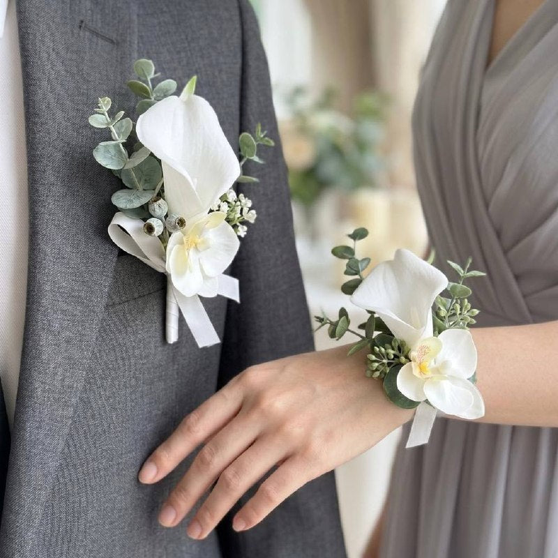Matching boutonnière and wrist corsage set — Los Angeles wedding florist