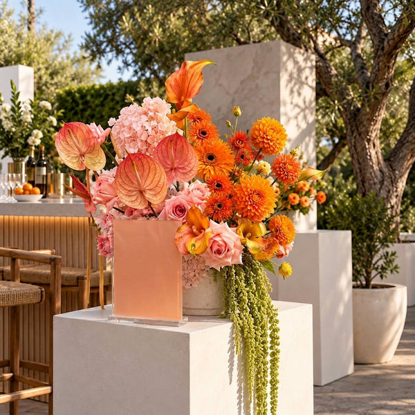 Coral and orange statement floral arrangement on a plinth, Los Angeles event florist