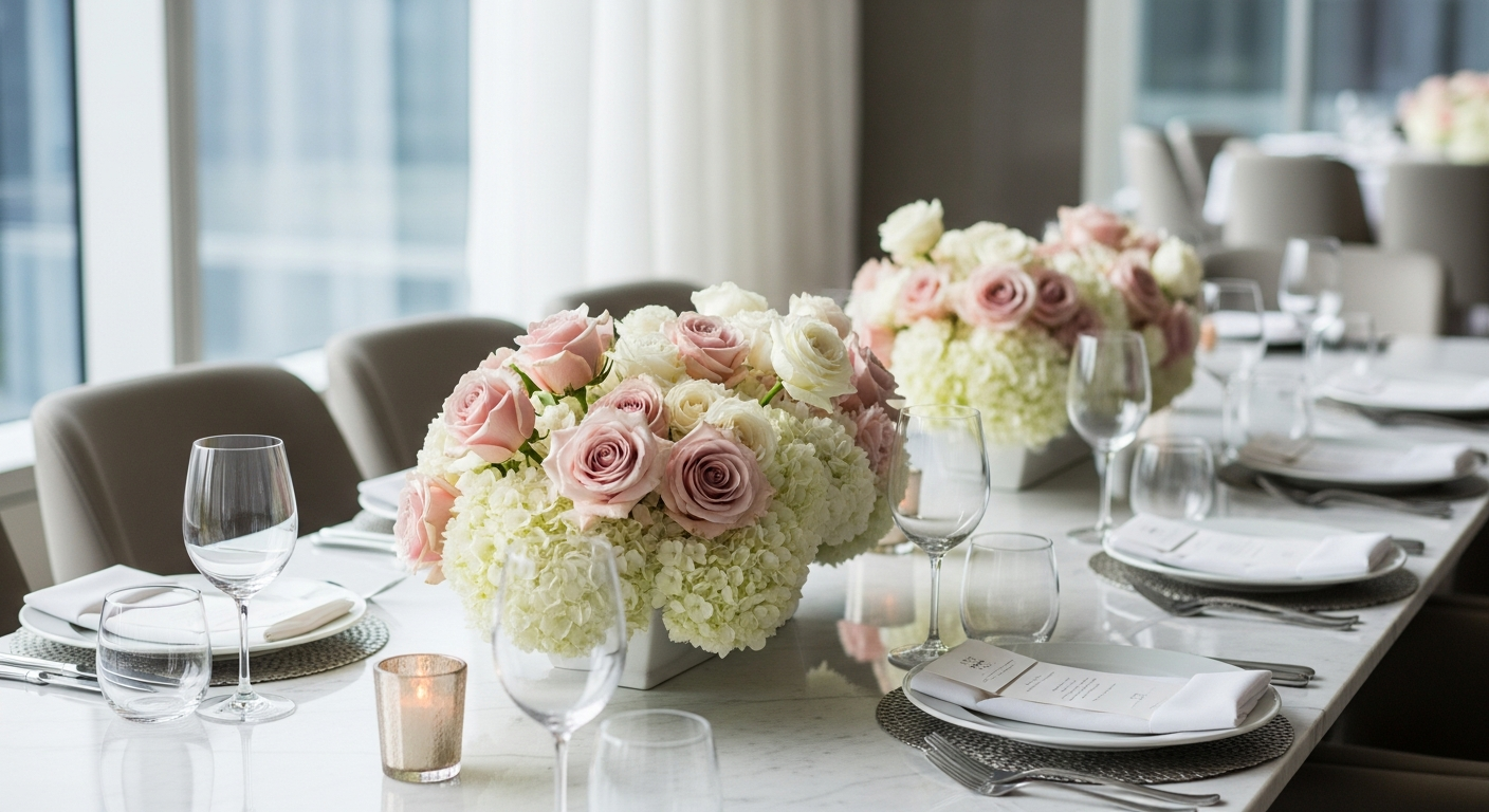 Floral centerpiece on a dining table in Los Angeles