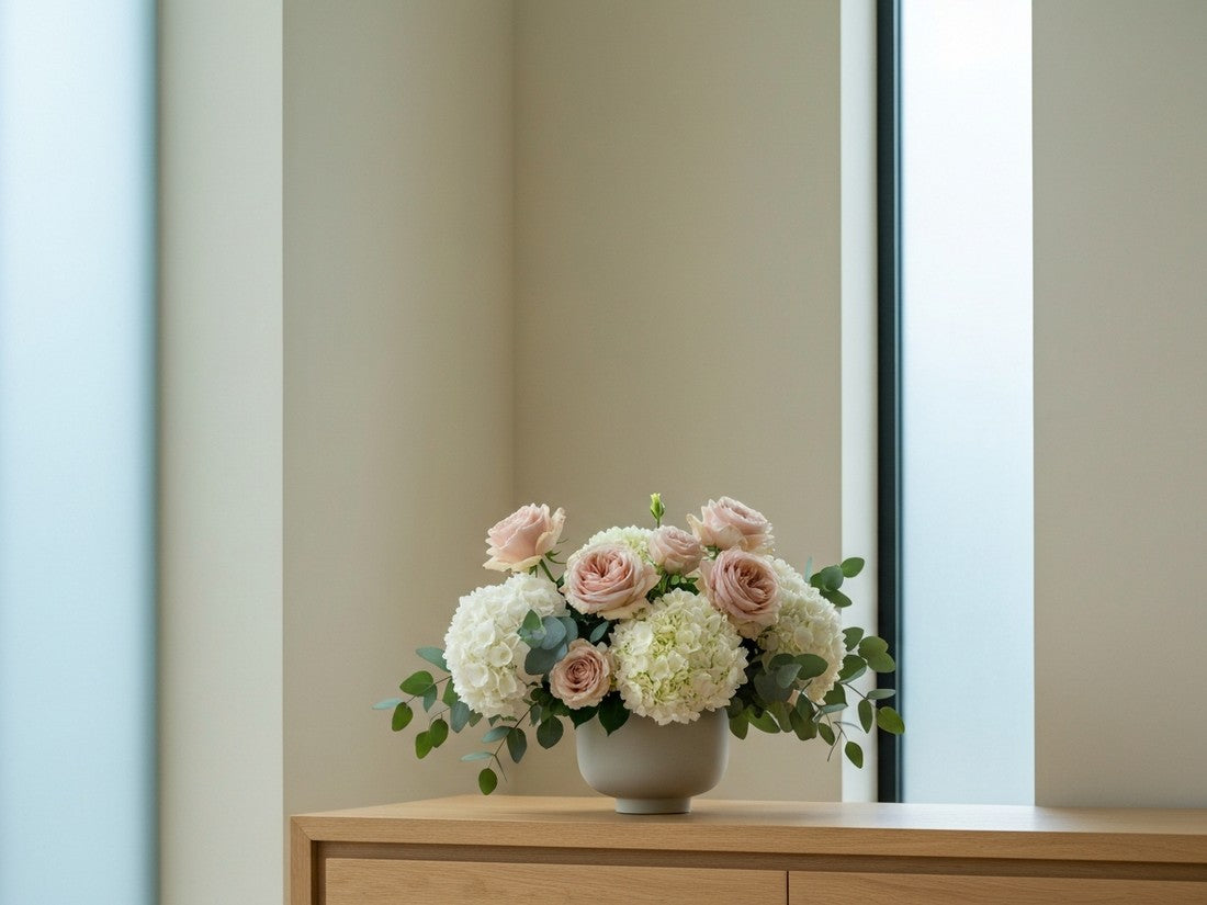 designed blush rose and hydrangea flower arrangement in Los Angeles