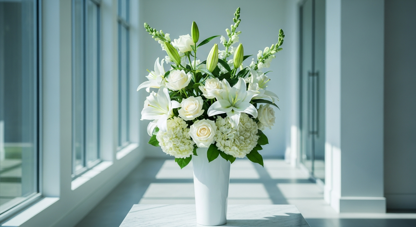 White sympathy flower arrangement in Los Angeles
