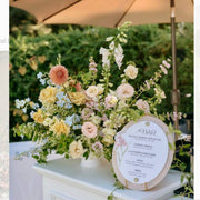 Garden pastel bar centerpiece with dahlias and delphinium for Los Angeles weddings