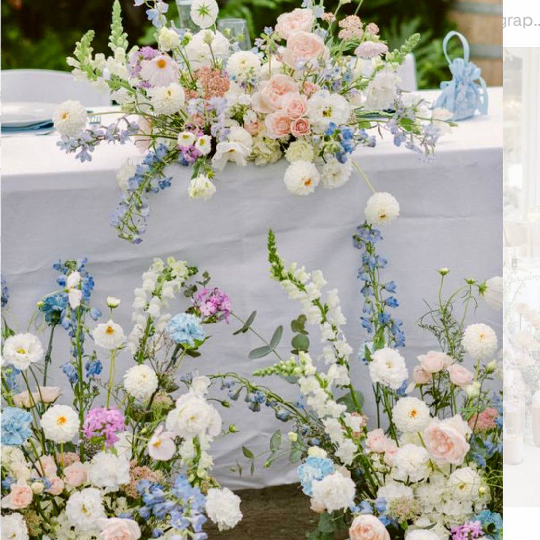 Garden sweetheart table garland with white dahlias and roses for Los Angeles receptions