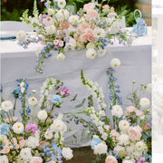 Garden sweetheart table garland with white dahlias and roses for Los Angeles receptions