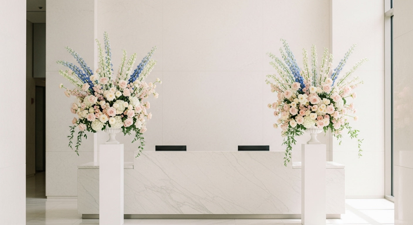Grand luxury floral installation Los Angeles corporate lobby