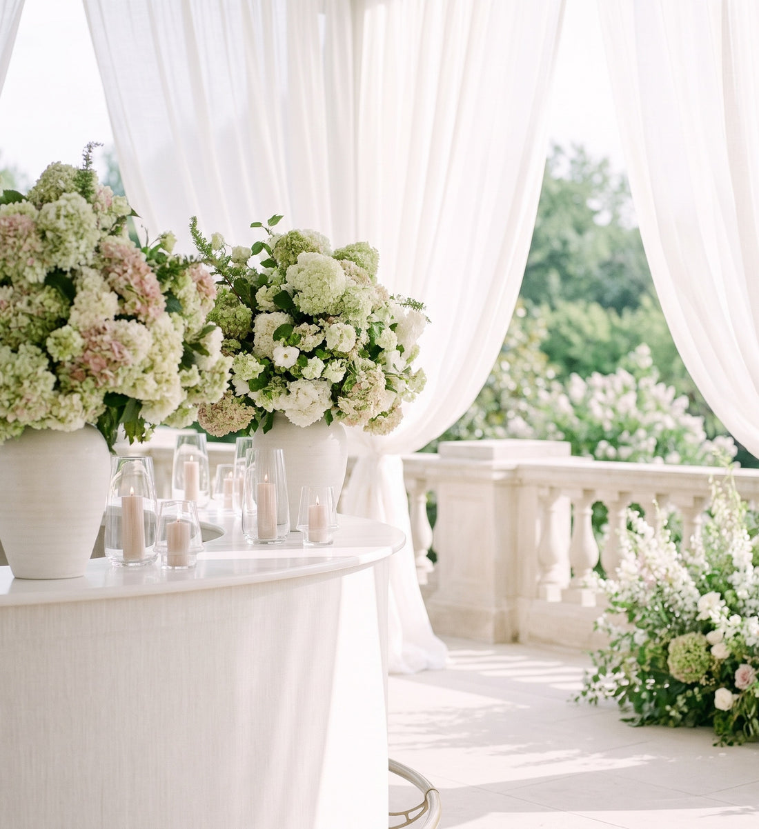 Grand hydrangea bar installation on an elegant summer wedding terrace — Los Angeles wedding florist, Pink Clover