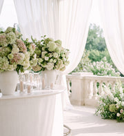 Grand hydrangea bar installation on an elegant summer wedding terrace — Los Angeles wedding florist, Pink Clover